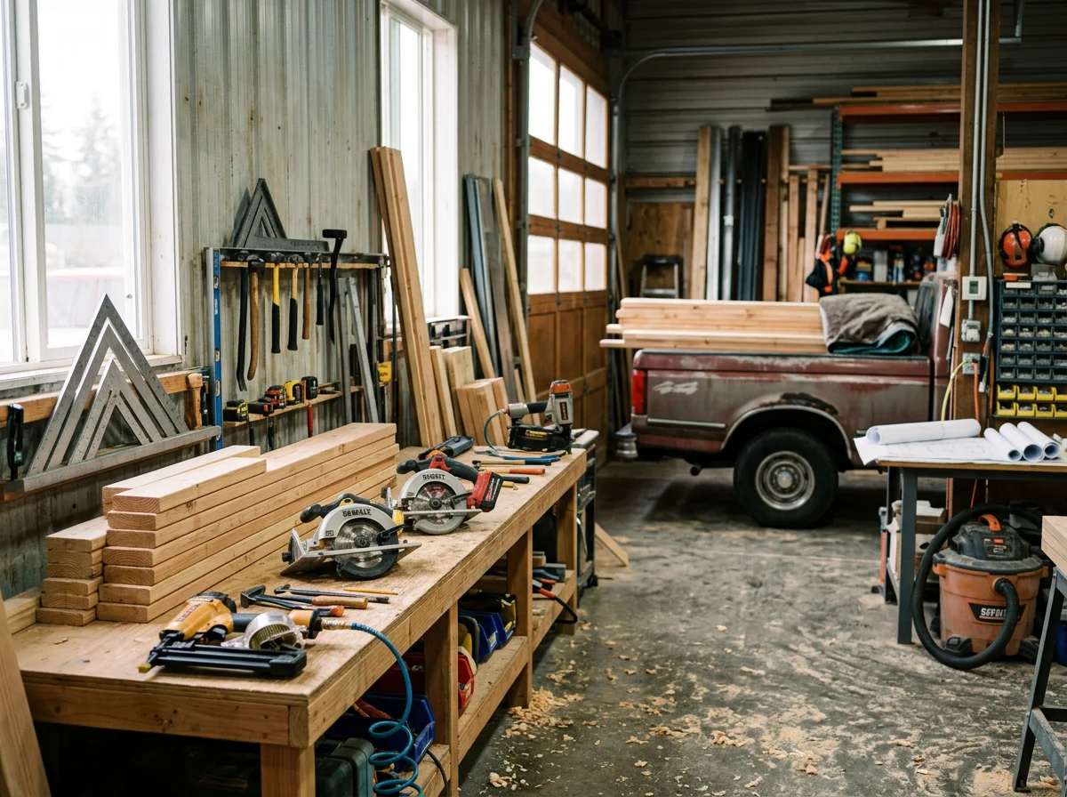 Construction site or workshop showing framing materials, tools, and structural elements typical of residential building projects.