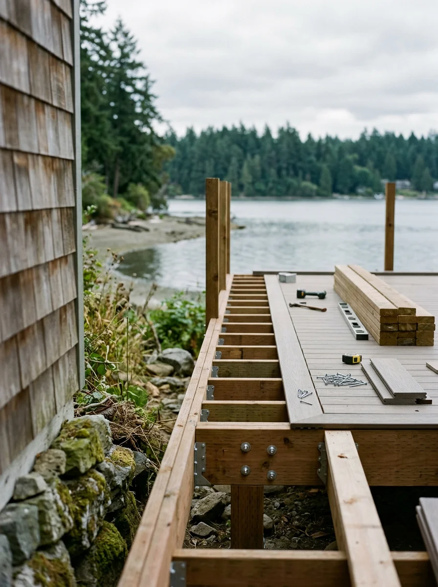 Waterfront deck construction on a Bainbridge Island property, with new pressure-treated framing, stainless hardware, and Puget Sound visible in the background through the open deck structure.