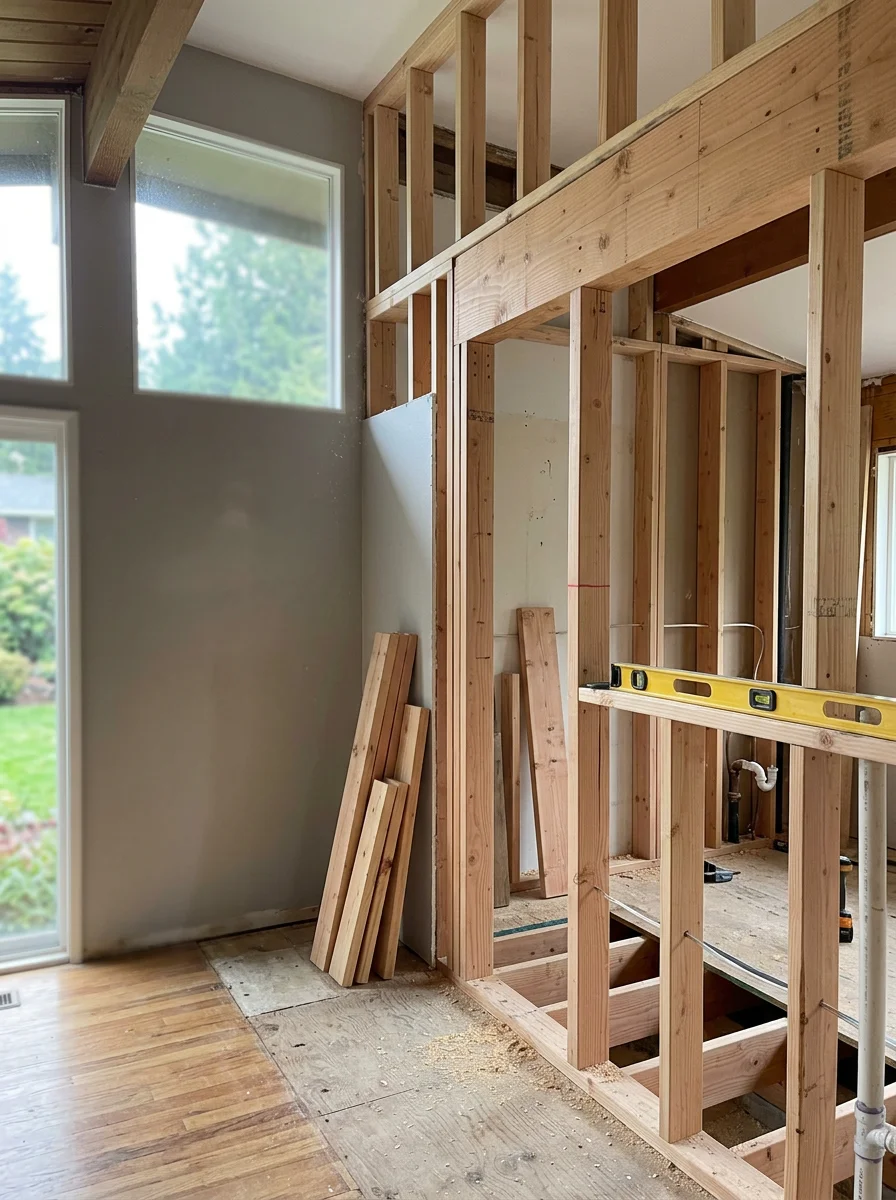 Interior of a Bellevue mid-century home during a whole-home remodel, with original structural walls opened and new framing installed to reconfigure the main floor layout.