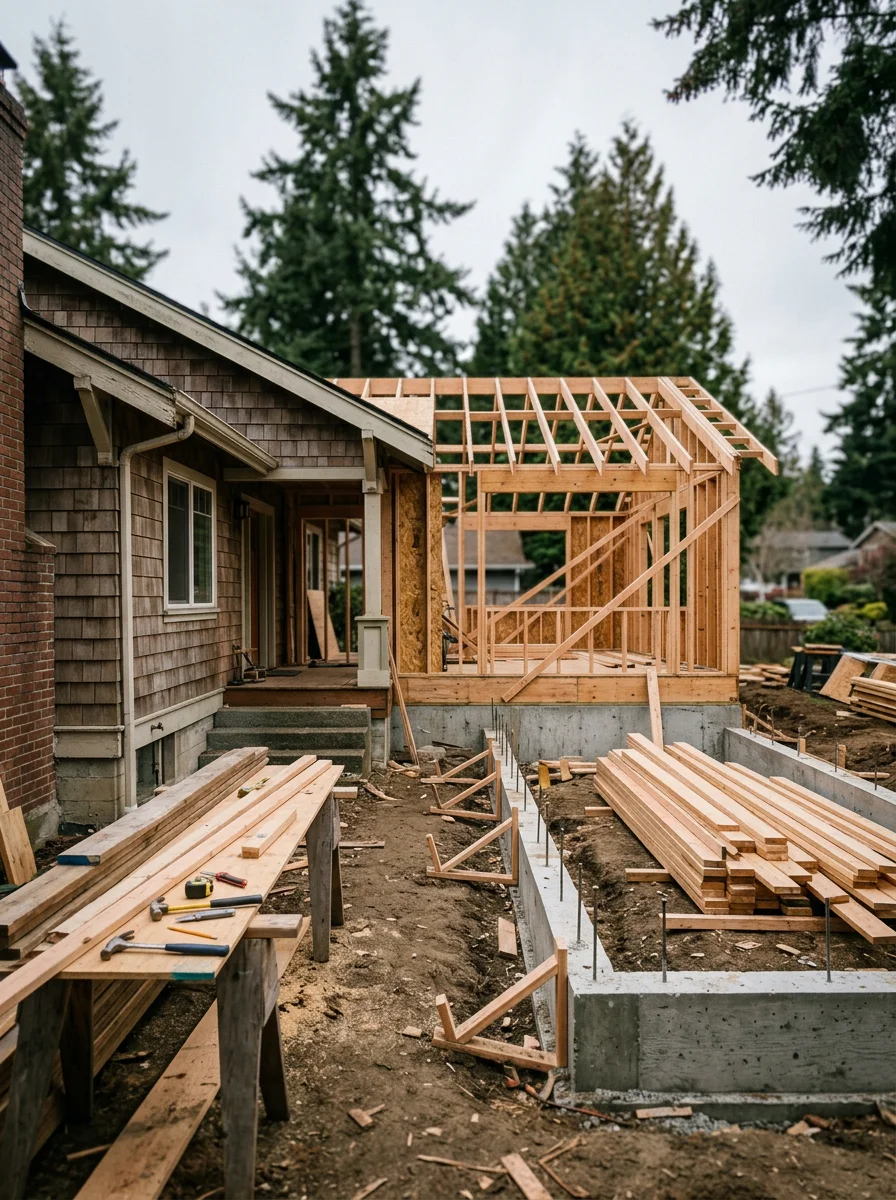 Home addition under construction on a larger Gig Harbor lot in Artondale, showing new foundation work and framing for a rear expansion tied into the existing single-story home structure.