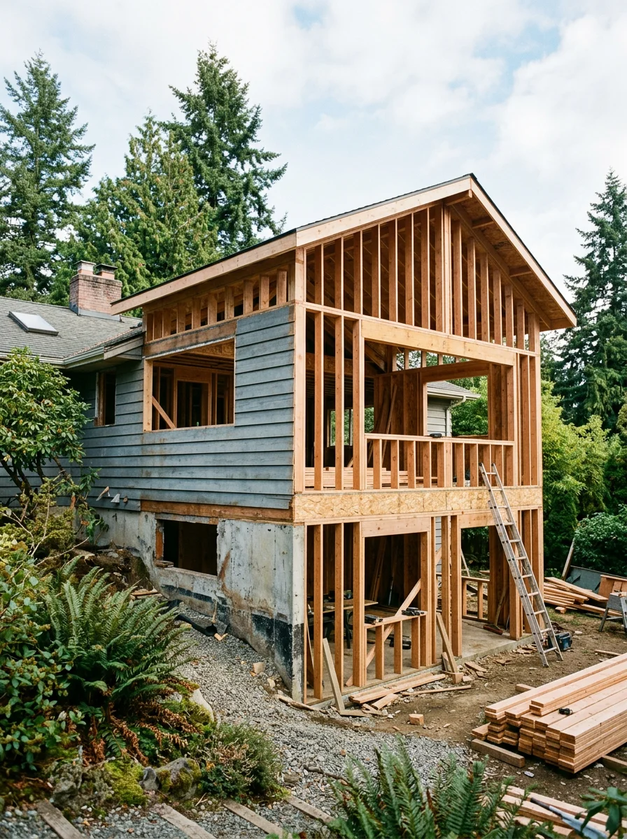 Kirkland mid-century rambler during a structural remodel with exterior walls opened, new framing visible, and the original roofline being extended for a rear home addition.