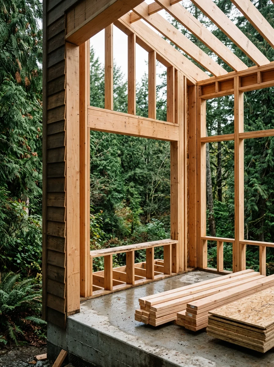 Sammamish sunroom addition in progress, with new structural framing, large window openings, and a view of the forested plateau landscape through the open wall framing.