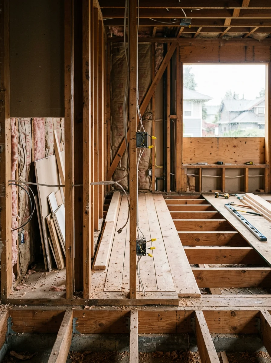 Interior of a Seattle home mid-renovation showing exposed structural framing, new subfloor installation, and open wall cavities being prepared for insulation and drywall.