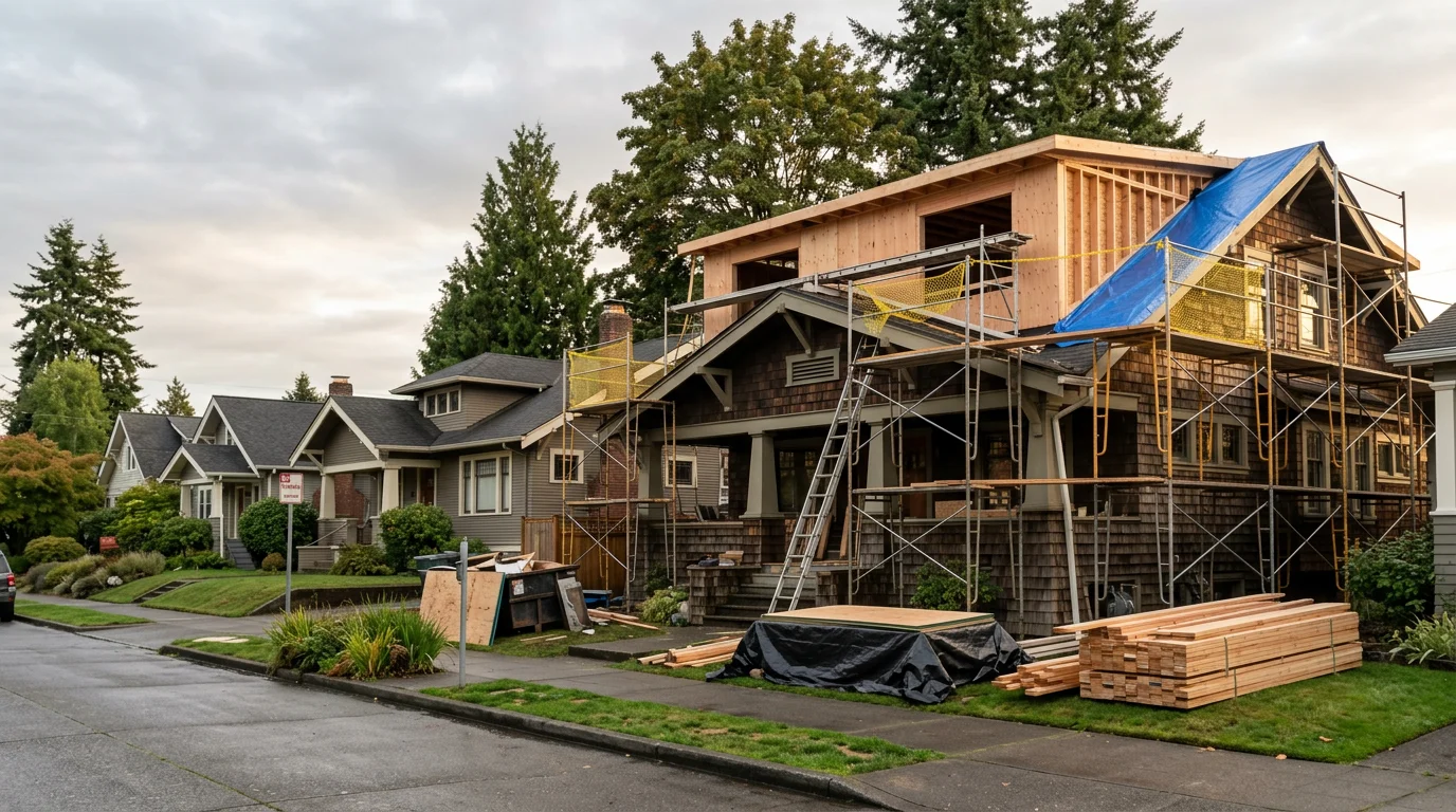 Craftsman-style home in a Seattle residential neighborhood undergoing a whole-home remodel, with new framing visible on the upper story addition and scaffolding along the exterior.