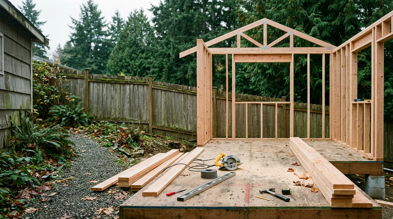 A newly constructed detached accessory building with wood framing and finished exterior siding on a residential lot in the Seattle area. The structure sits at the rear of the property with clean rooflines and trim details that match the main home.