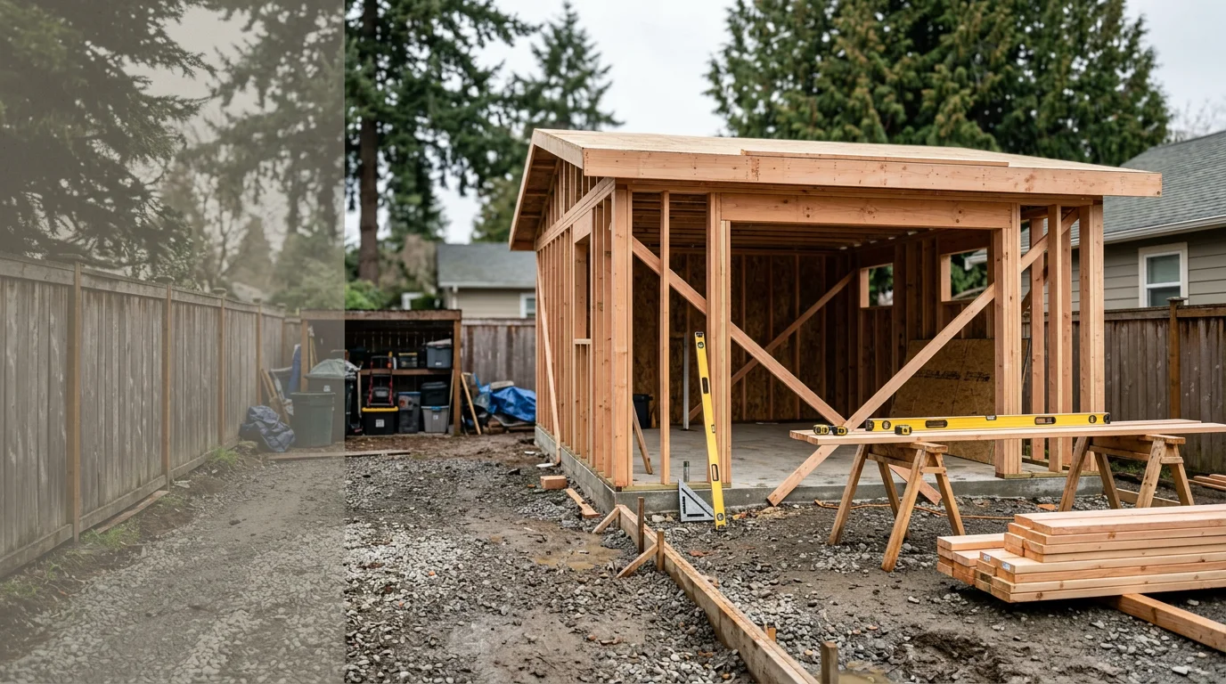 A newly completed detached accessory dwelling unit with wood siding and large windows, situated in a residential backyard in the Seattle area. The structure stands separate from the main home on a landscaped lot, showing a finished exterior ready for occupancy.