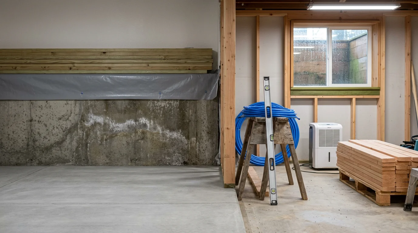 A finished basement in a Seattle-area home with framed walls, recessed lighting, and moisture-resistant flooring. The space is set up as a family room with clean trim work and even ceiling height throughout.