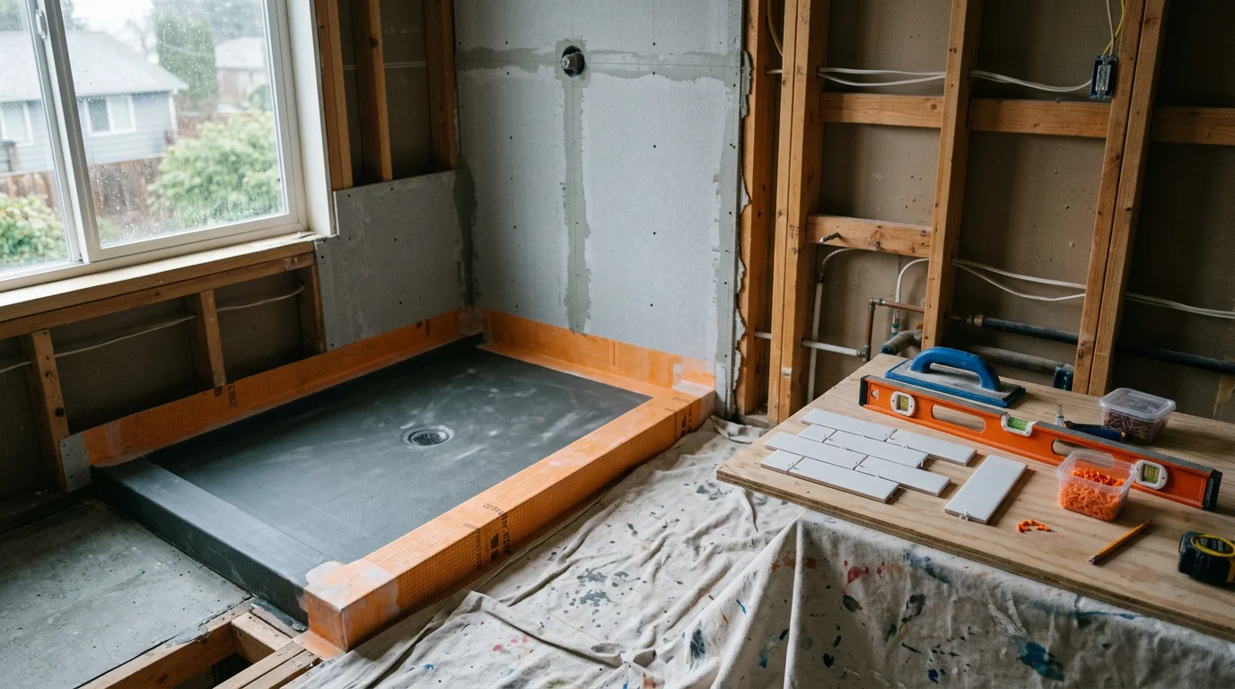 Remodeled bathroom in a Seattle-area home featuring a curbless walk-in shower with floor-to-ceiling tile, a floating vanity, and warm-toned finishes suited to the Pacific Northwest. The space shows clean finish carpentry and a layout designed to maximize a compact footprint.