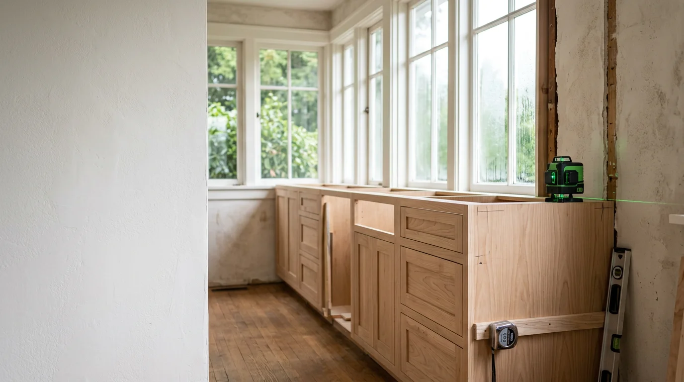 Newly installed custom kitchen cabinets in a Seattle-area home, showing flush door alignment and clean trim detail along the wall. The installation reflects careful fitting to the room's dimensions with consistent finish work throughout.