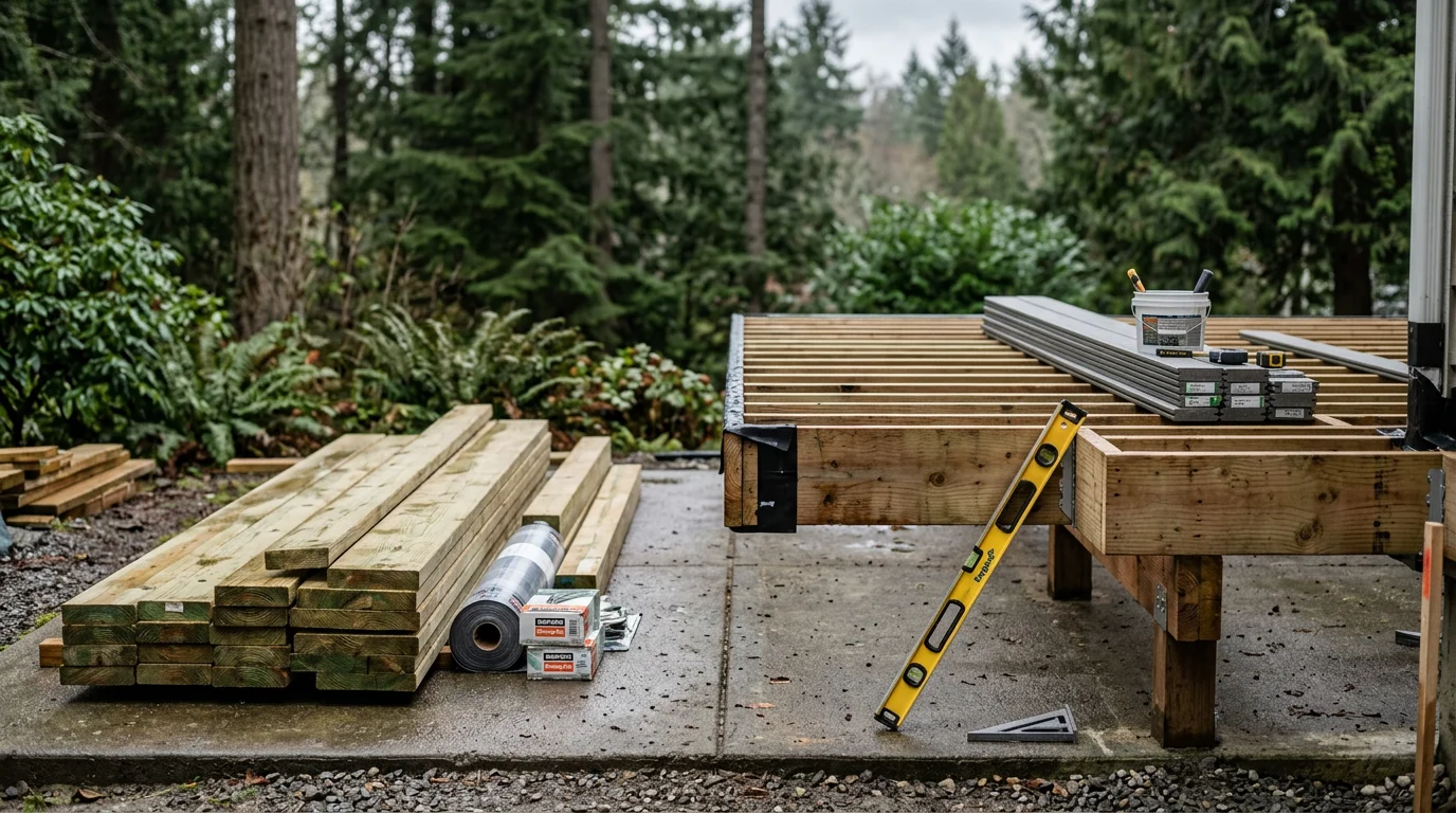 A newly completed custom wood deck attached to a two-story residential home in the Seattle area, featuring clean framing, a painted railing system, and a clear view of the surrounding Pacific Northwest tree line. The deck surface shows tight board spacing and a smooth finish consistent with detail-oriented residential construction.