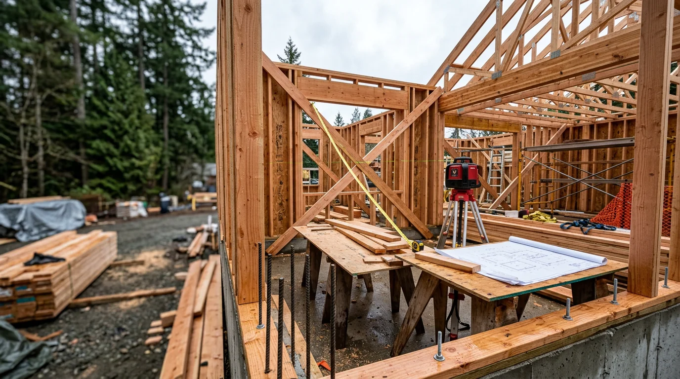 A newly completed custom home in the Seattle metro area, featuring a Northwest-style exterior with clean structural lines, wood and composite siding, and large windows framing views of the surrounding landscape. The home sits on a finished residential lot reflecting the site preparation and detailed finish work completed by Framework Construction.
