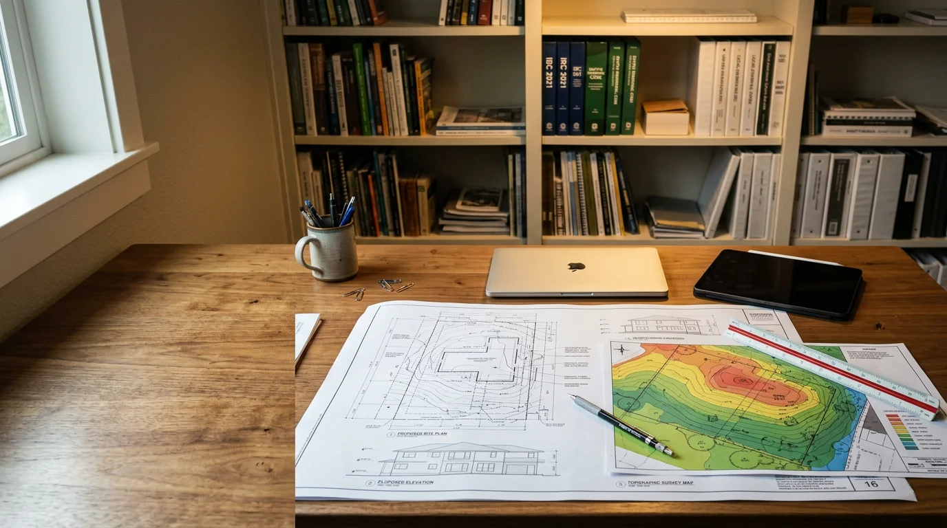 A homeowner and builder reviewing custom home floor plans together at a table during an initial design consultation in the Seattle area. Structural drawings and site notes are spread across the table, reflecting an early-stage planning meeting for a new residential build.