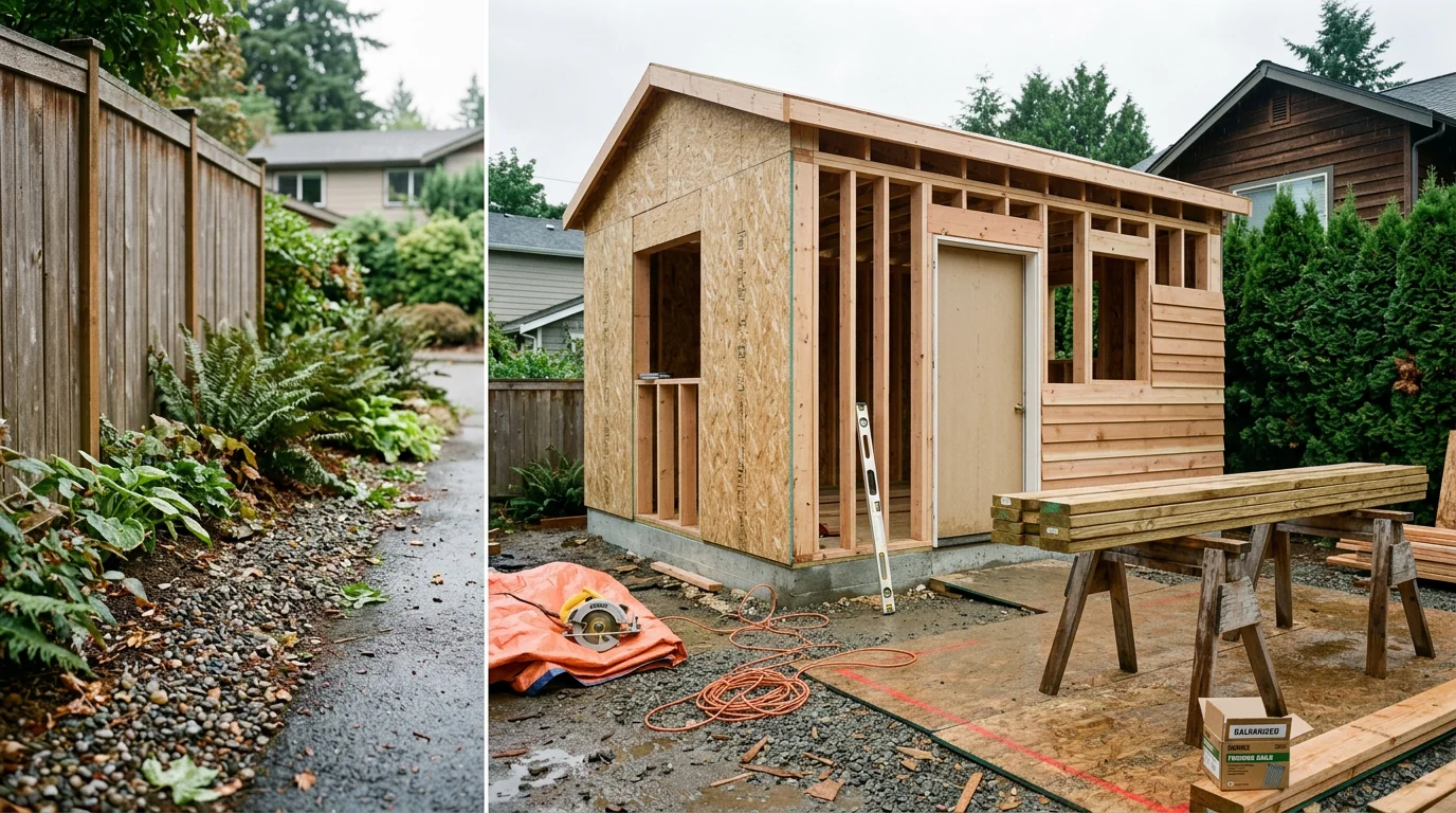 A newly constructed detached accessory dwelling unit with wood siding and large windows situated in the rear yard of a Seattle residential property. The compact backyard cottage stands separate from the primary home, surrounded by Pacific Northwest landscaping.