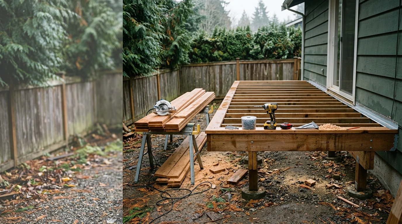 A newly constructed wood deck attached to a two-story Seattle-area home, with clean framing, a railing system, and stairs leading to a backyard. The surrounding landscape reflects the Pacific Northwest setting with mature trees and overcast sky.
