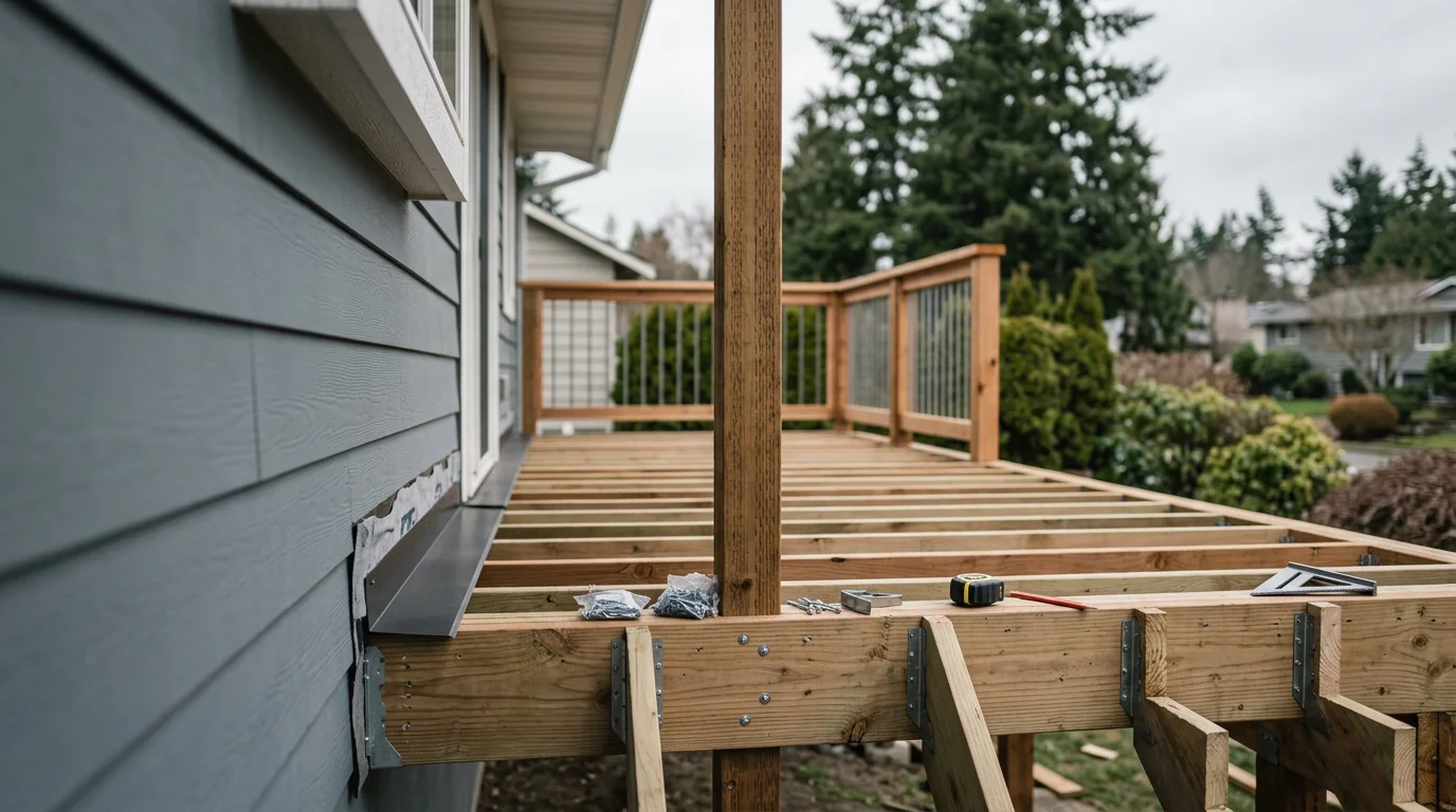 Completed exterior home renovation on a two-story residential property in the Seattle area, showing new siding, updated trim, and a finished outdoor living space. Pacific Northwest tree coverage visible in the background.