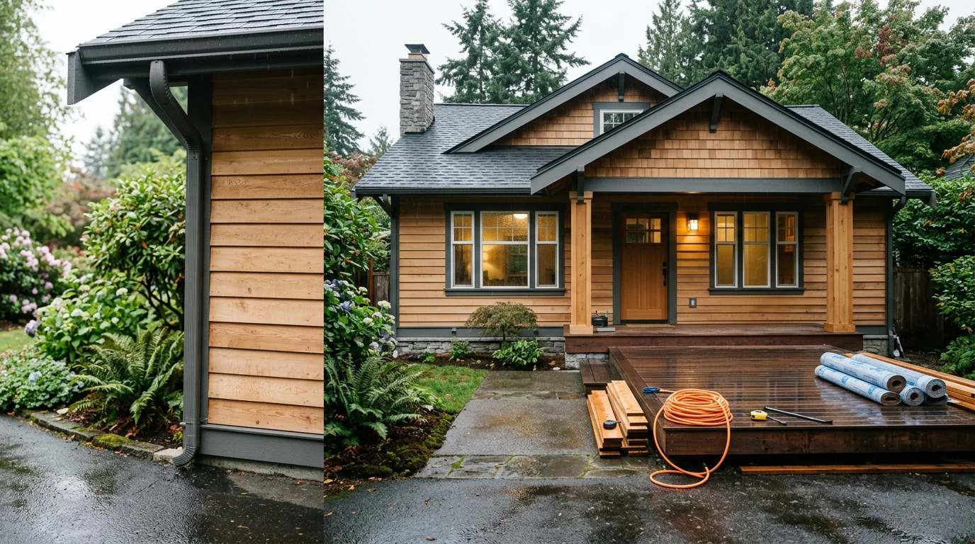 A Seattle-area home with freshly renovated exterior siding, new windows, and a custom deck visible from the backyard. The renovation reflects careful detailing suited to the Pacific Northwest climate.