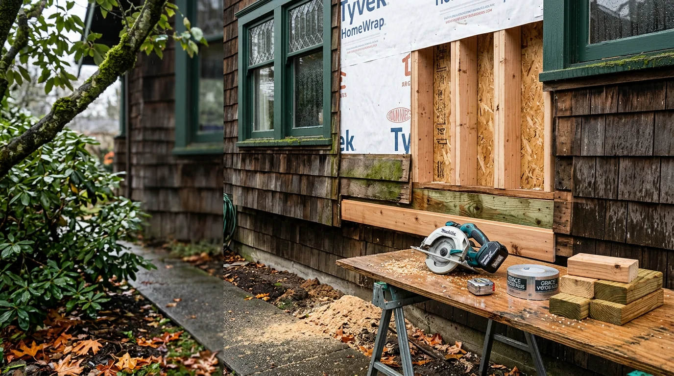 A Seattle-area home with repaired exterior wall framing and new sheathing visible during construction, showing structural work in progress on a wood-frame residential structure. Pacific Northwest tree coverage and overcast sky visible in the background.