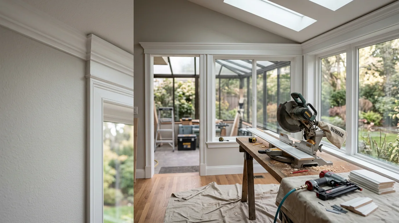 Detailed finish carpentry installation showing clean crown molding and door casing in a Seattle-area residential interior. Tight mitered corners and flush trim profiles are visible throughout the room.