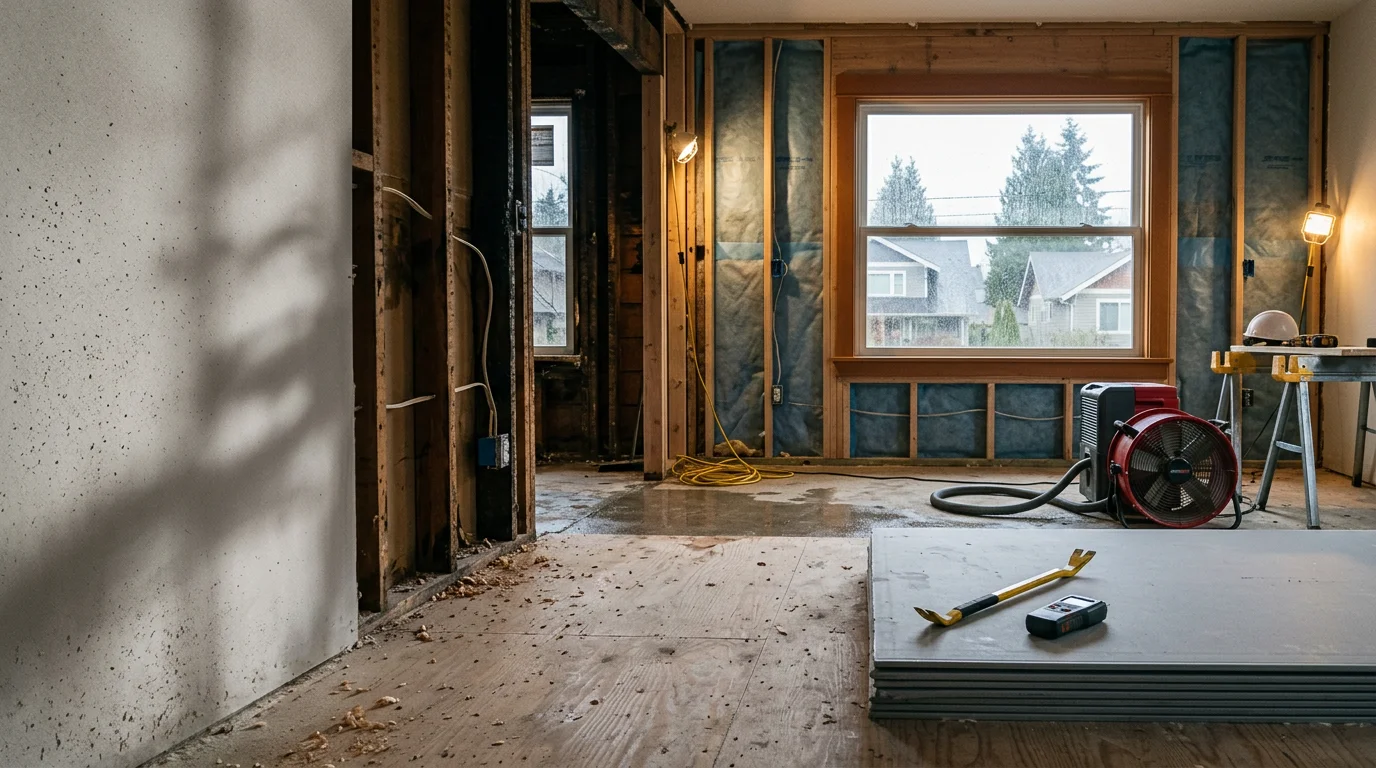 A Seattle-area home mid-repair after fire damage, with new structural framing visible and exterior siding being replaced by a construction crew. The surrounding neighborhood shows typical Pacific Northwest residential housing.
