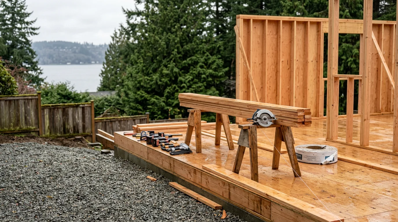 A residential construction project in the Seattle area showing structural framing in progress on a single-family home. The build reflects the Pacific Northwest setting with a wooded lot and overcast sky typical of the region.