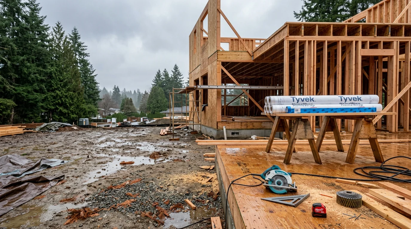 A completed residential construction project in the Seattle area showing clean structural framing and detailed exterior finish work on a single-family home. The build reflects careful craftsmanship suited to the Pacific Northwest climate.