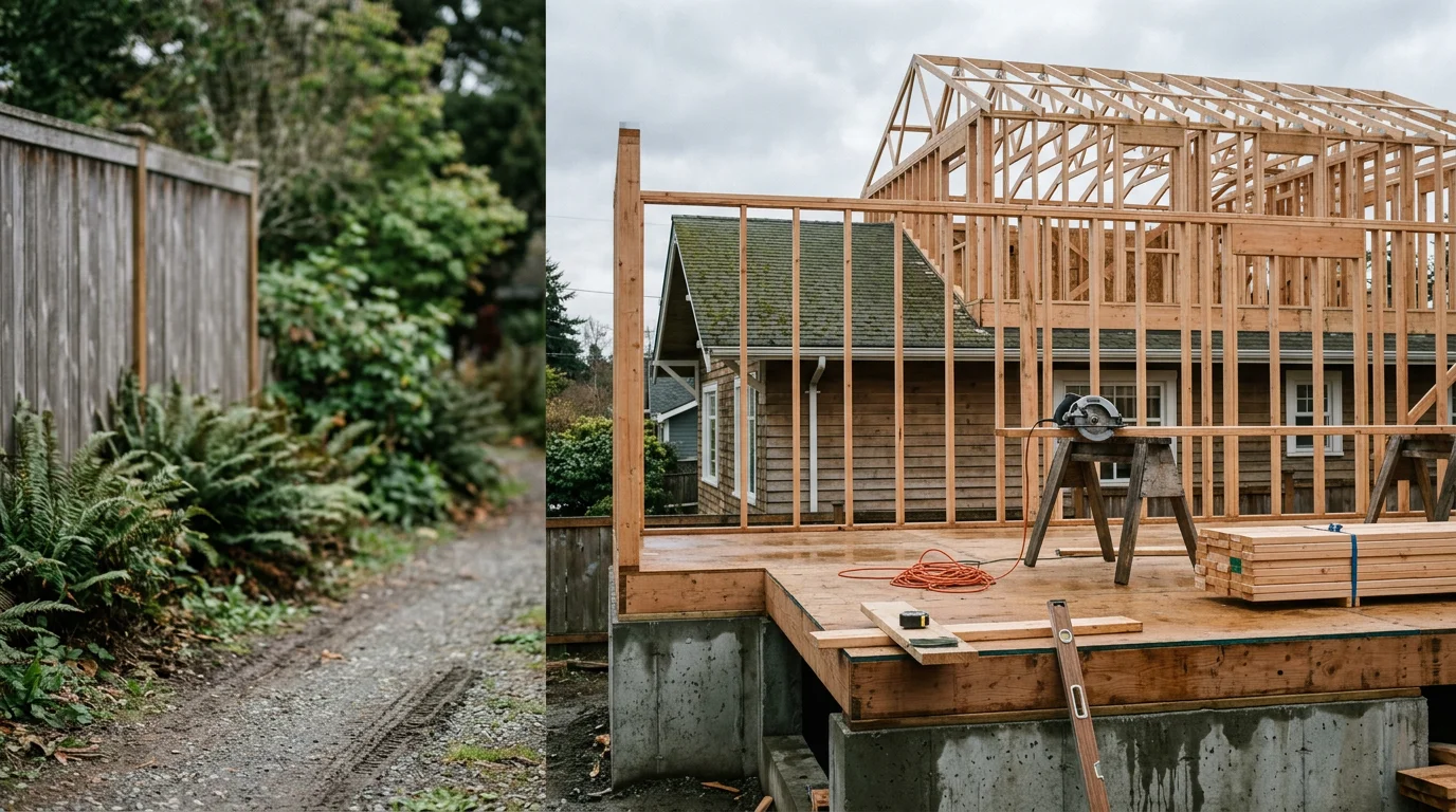 A newly completed home addition on a Seattle-area residential property, showing a framed and finished room extension with exterior siding matched to the original structure. The addition includes detailed trim work and windows consistent with the existing home's architectural style.