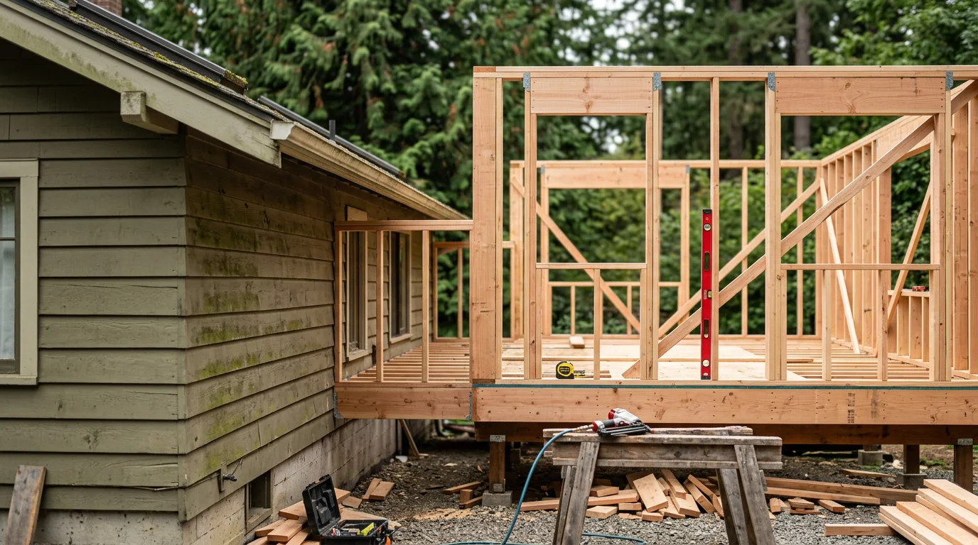 A completed two-story home addition in Seattle with new framing tied into an existing single-family structure, showing matched exterior siding and roofline against a Pacific Northwest sky. The addition includes a new upper-level window arrangement consistent with the original home's architectural proportions.
