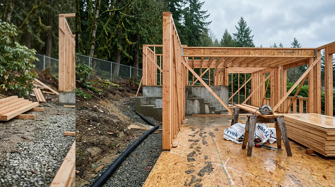 A newly built custom home in the Seattle area with clean structural framing and finished exterior visible against a Pacific Northwest backdrop. Framework Construction general contractors managed the full build from foundation through finish carpentry.