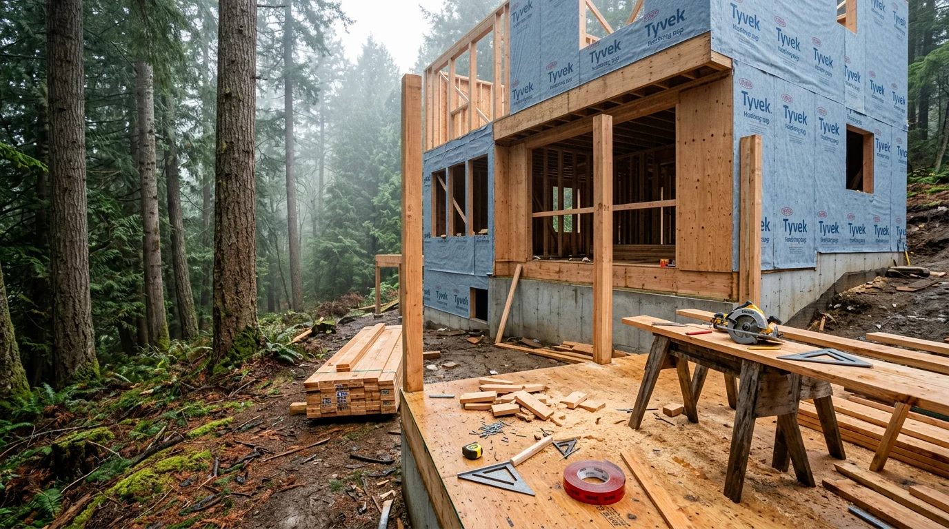 A newly constructed residential home in the Seattle area with wood framing and exterior siding work visible. The build reflects the structural and finish detail typical of Pacific Northwest residential construction.