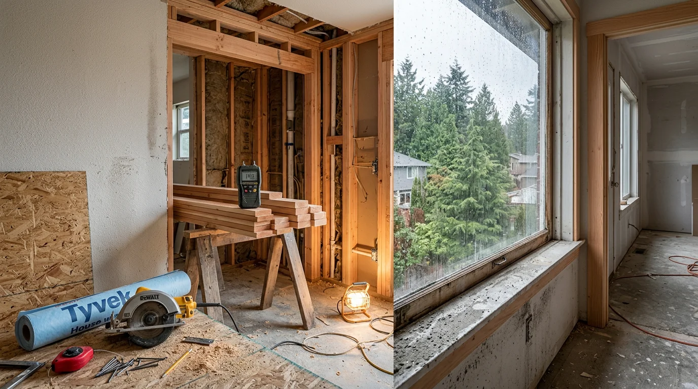 A renovated Seattle-area home interior showing clean structural framing and detailed finish carpentry work completed by a general contractor. The space reflects careful craftsmanship suited to the Pacific Northwest residential building style.