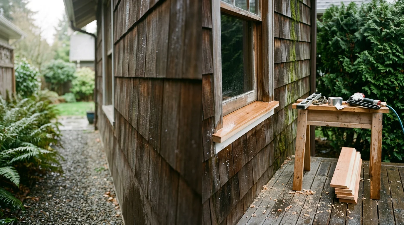 A repaired exterior wall on a Seattle-area home showing replaced siding, restored trim, and clean finish carpentry around a window. The work reflects careful craftsmanship suited to the wet Pacific Northwest climate.