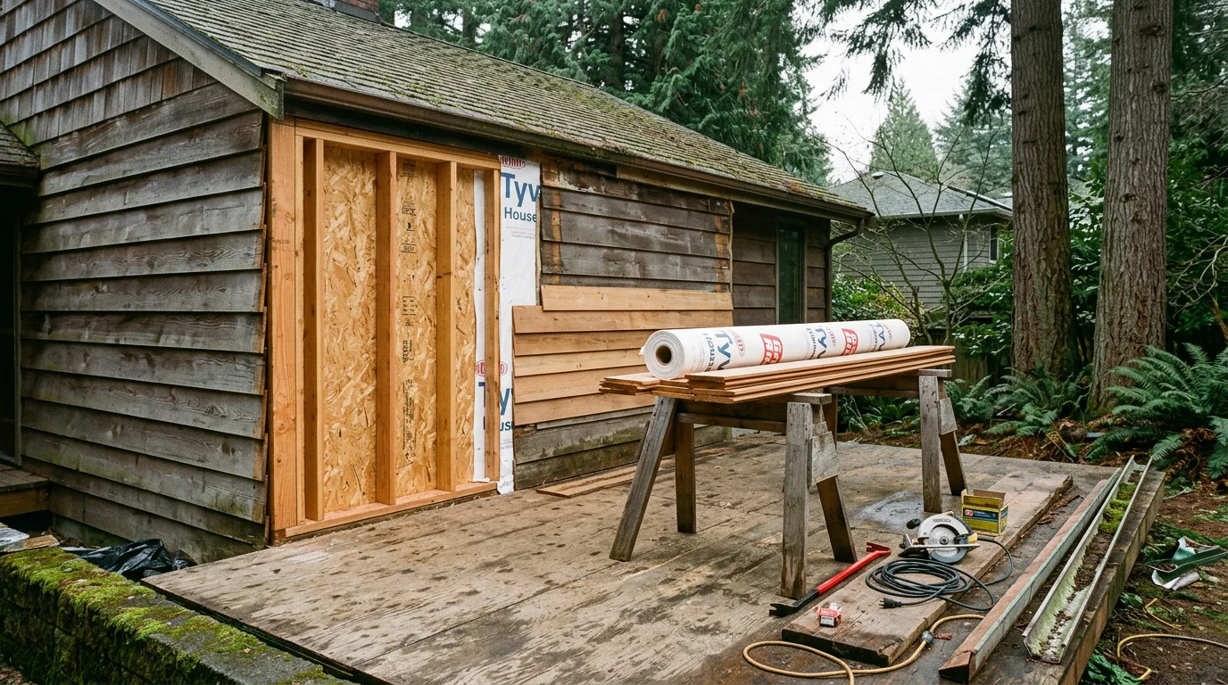 A Seattle-area home undergoing insurance restoration work, with new roofing and siding being installed after storm damage. A contractor inspects the repaired exterior framing on a residential property in the Puget Sound region.
