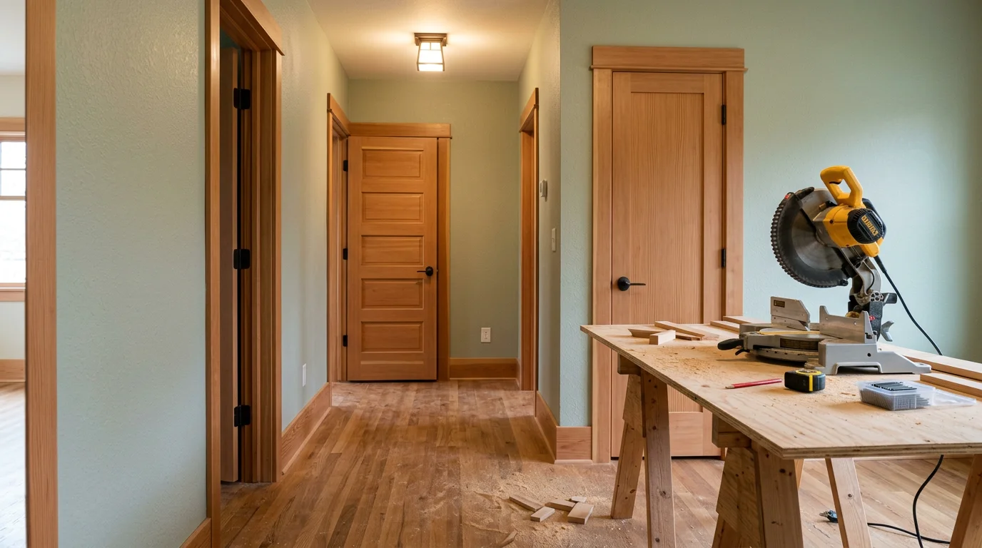Finished interior of a Seattle-area home showing clean trim installation, detailed millwork around doorways, and tight finish carpentry joints along baseboards and crown molding. Natural light from a window highlights the precision of the installed interior door casing and surrounding wall finish.