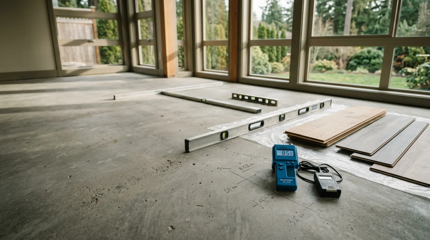 Newly installed hardwood flooring in a Seattle-area home, showing clean trim transitions and consistent plank alignment across an open living area. The finished floor reflects natural light from large windows common in Pacific Northwest residential construction.