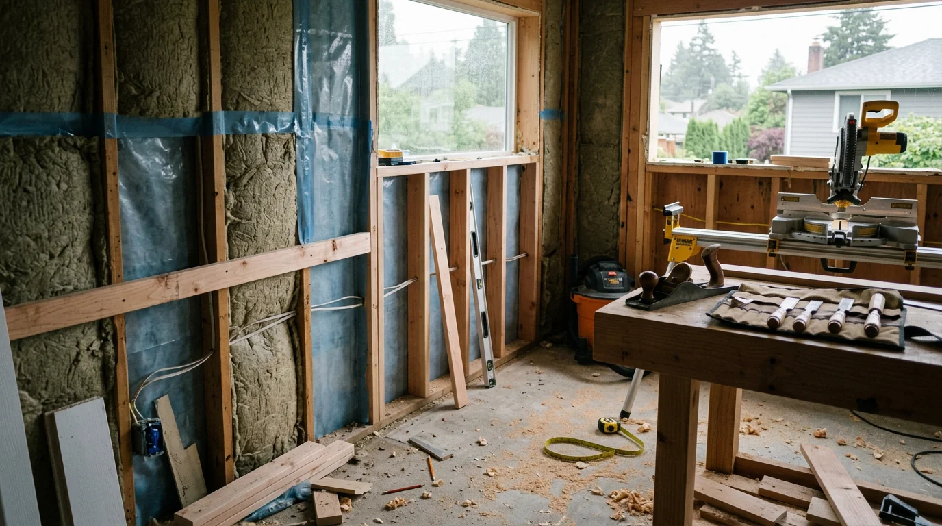 Finished interior renovation in a Seattle-area home showing updated trim, millwork, and refinished living space. General contractor work completed by Framework Construction serving Seattle, Bellevue, and the greater Eastside.