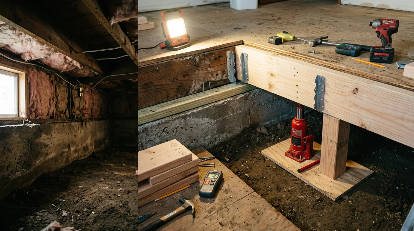 Interior structural repair in a Seattle home showing exposed floor joists and a replaced beam during a residential framing repair project. A contractor inspects the repaired structural framing in a crawl space beneath a Pacific Northwest home.