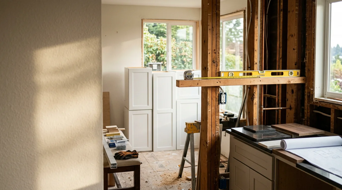 Finished kitchen remodel in a Seattle-area home showing open-concept layout with custom cabinetry, quartz countertops, and layered LED lighting. The space connects to a dining area and reflects a clean, functional design suited to Pacific Northwest residential architecture.