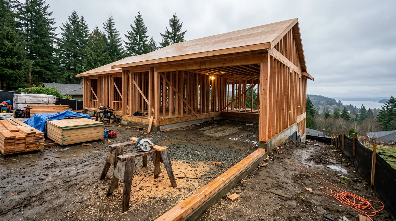 A newly constructed two-story home with clean structural framing and finished siding on a residential lot in the Seattle area. The build reflects careful site preparation suited to the Pacific Northwest's wet climate and varied terrain.
