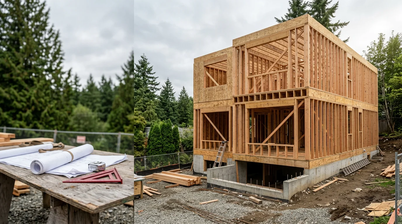 A newly completed two-story residential home with board-and-batten siding and large black-framed windows on a wooded lot in the greater Seattle area. The home features a covered front entry and a two-car garage, representing new custom residential construction by Framework Construction.