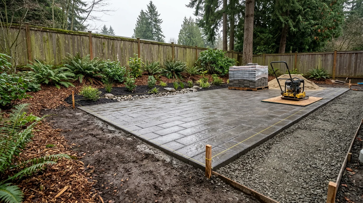 A finished backyard patio in Seattle with a level concrete surface, clean edges, and surrounding Pacific Northwest landscaping. The patio extends from the rear of a residential home with visible grading that directs water away from the foundation.