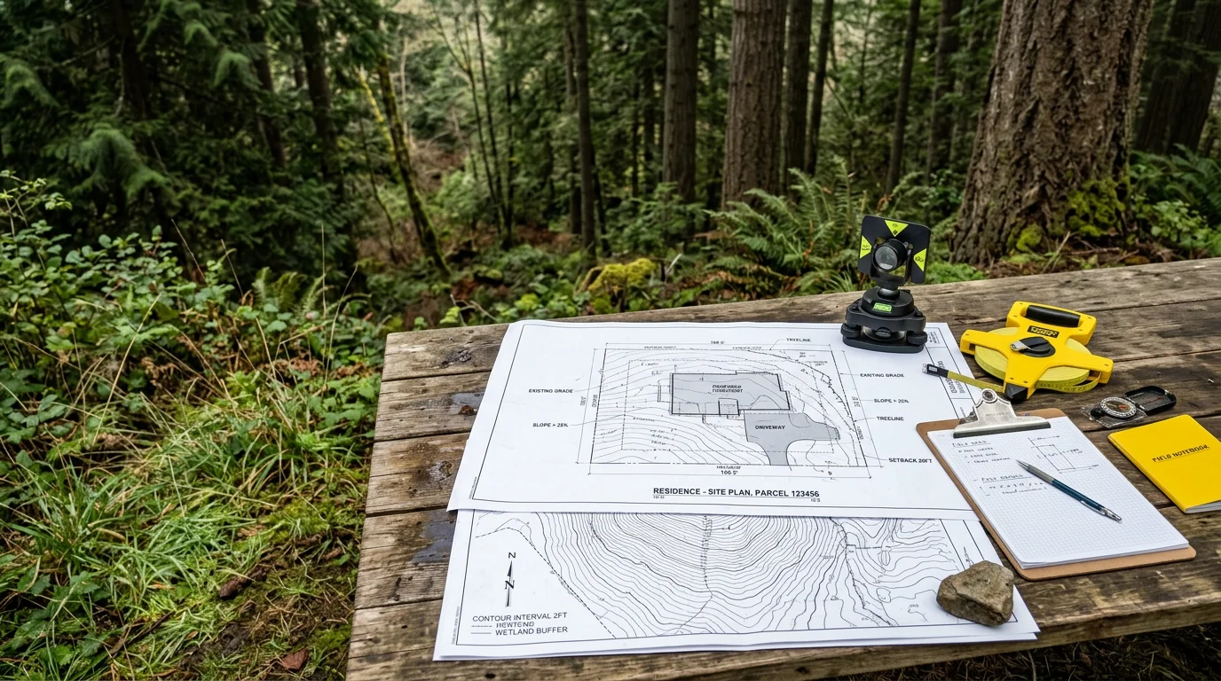 A residential building site on a sloped lot in the Seattle area, showing cleared land with visible grade changes and a surrounding tree line. A custom home foundation layout is marked out on the ground, with Puget Sound hills visible in the background.