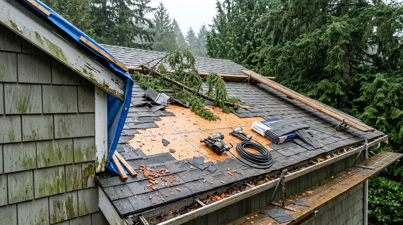 Storm-damaged residential roof in the Seattle area with missing shingles and exposed decking after a Pacific Northwest windstorm. A contractor inspects the damage to the roof and upper siding of a wood-frame home surrounded by mature evergreen trees.