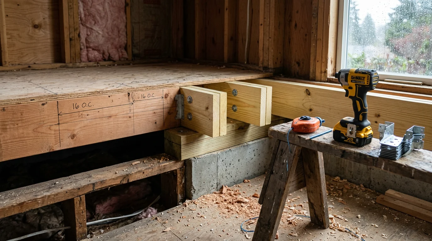 A Framework Construction crew member inspecting exposed structural framing inside a Seattle-area home during a structural damage repair project. Damaged floor joists and wall framing are visible, showing the scope of repair work underway.