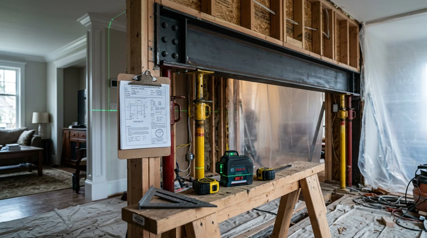 A Seattle-area home mid-structural remodel showing an open main floor after load-bearing wall removal, with a new steel beam installed overhead and exposed framing visible in the background. The project is in progress with temporary supports in place and clean subfloor exposed.