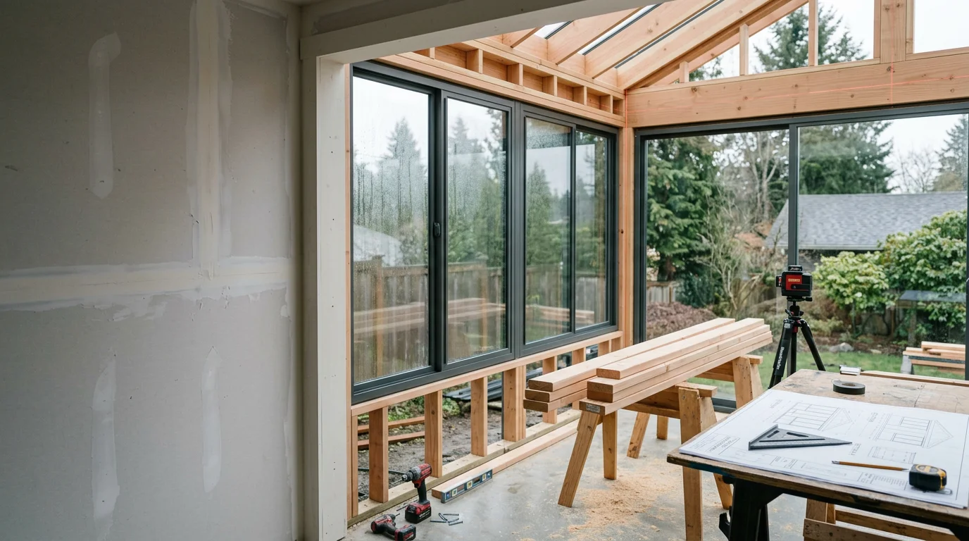 A newly built custom sunroom attached to a Seattle-area home, featuring large glass panels, a finished interior, and views of a green backyard. The structure shows clean framing, a solid roofline, and weatherproof construction suited to the Pacific Northwest climate.