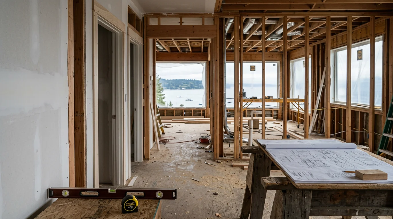 Completed whole-home remodel interior in Seattle showing open living area with updated structural framing, new windows, and detailed finish carpentry. Pacific Northwest Craftsman-style home with refreshed siding and roofline visible through large windows.