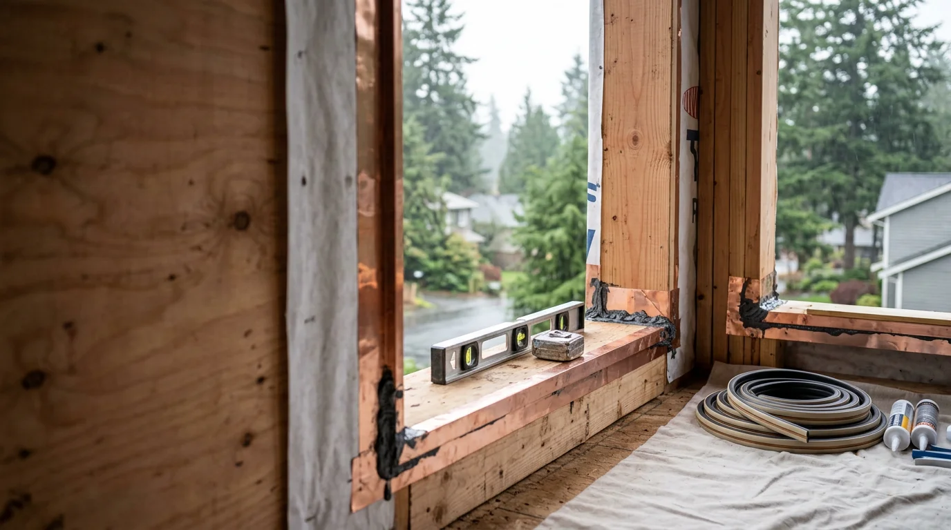 A newly installed exterior door on a Pacific Northwest home in the Seattle area, with clean trim work and a properly sealed frame visible against the home's siding. A second image shows a replaced window with finished interior casing in a residential setting near Bellevue.